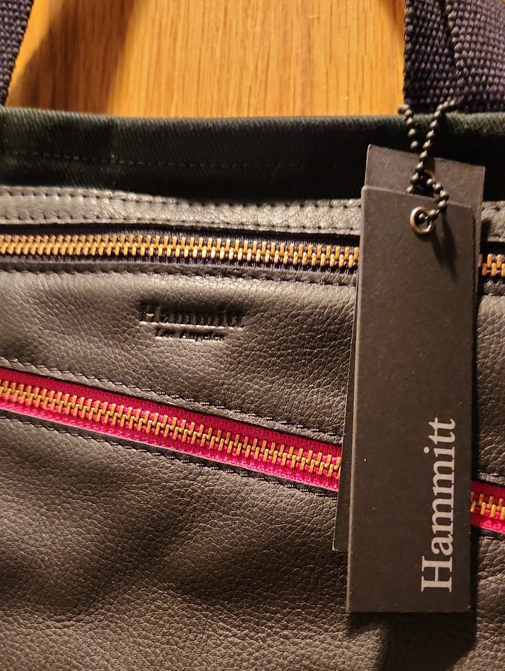 Hammitt Black Canvas Shopper Tote with Black Leather Pocket and Red Zip - Picture 6 of 7